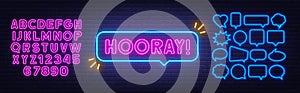 Hooray neon sign in the speech bubble on brick wall background.