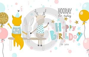 Hooray for today Happy Birthday to you. Greeting card with funny Fox, hare ,deer and balloons.Banner, poster