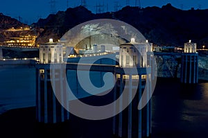 The Hoover Dam illuminated at night