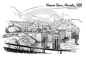 Hoover Dam stunning panoramic view. Black and white linear hand drawing. Sketch style.
