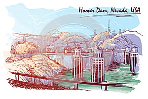 Hoover Dam stunning panoramic view Sketch drawn and painted digitally to give watercolour painting feel. photo
