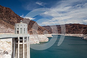 Hoover Dam Towers on the blue Lake Mead, USA