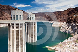 Hoover Dam Towers on the blue Lake Mead, USA