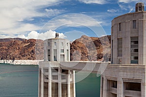 Hoover Dam Towers on the blue Lake Mead, USA