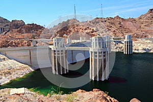 Hoover Dam Water Intake Towers during Drought Conditions at Western End of Lake Mead from Arizona side of the border, USA