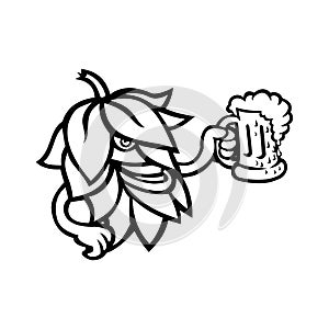 Hop Plant Drinking a Mug of Ale Mascot Black and White