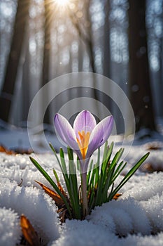 Hope Amidst Winter: Detailed Crocus Flower Rising from Snow in Sunlit Forest