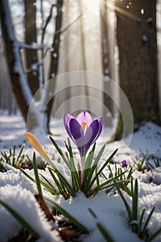 Hope Amidst Winter: Single Crocus Flower Rising from Snow in Sunlit Forest