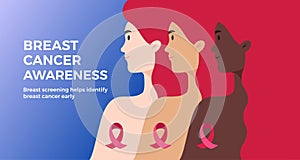 Hope Breast Cancer Awareness background with text. Women of different nationalities and skin color together for breast cancer