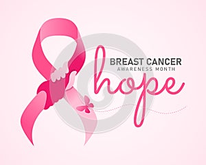Hope breast cancer awareness month banner - pink ribbon with hand hold hand sign and butterfly vector design