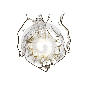 Hope concept. Hand drawn open palms with luminous ball. Black and white vintage hands. Vector sketch