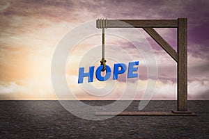 Hope is hanging from a gallows demonstrating lost hope concept. 3D illustration.