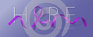 Hope. Hodgkin`s Lymphoma Awareness Calligraphy Poster Design. Realistic Violet Ribbon. September is Cancer Awareness Month. Vecto