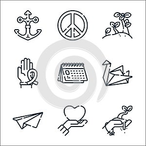 Hope line icons. linear set. quality vector line set such as hand, love, paper plane, origami, calendar, ribbon, plant, peace