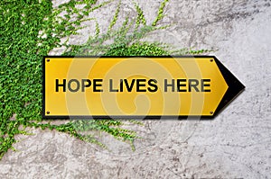 Hope lives here on yellow sign hanging on ivy wall