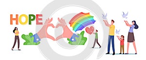 Hope, Love and Peace Concept. Tiny Male and Female Family Characters Let Go White Doves Flying in Air, Rainbow and Heart