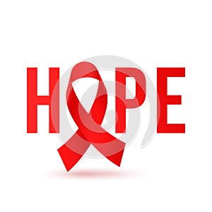 Hope red ribbbon icon for world AIDS day 1 December poster or banner design template. Vector HIV and AIDS awareness ribbon logo sy