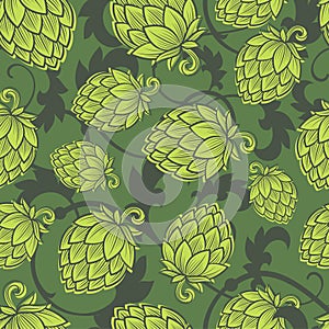 Hope seamless pattern. Hop cone background. Craft Beer wallpaper.