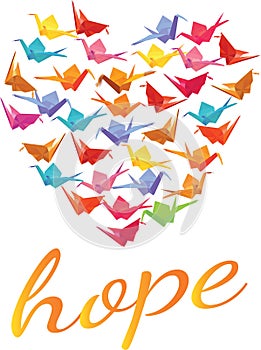 Hope text beneath a heart filled with origami paper cranes