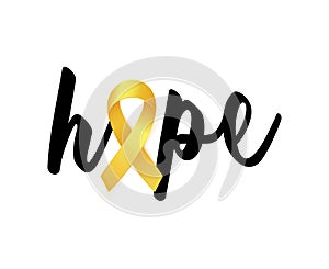 Hope text with Realistic golden Ribbon card to Childhood Cancer Awareness Month. photo