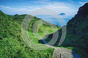 Hope Valley and Keelung Islet from Badouzi Coastal Park in Zhongzheng District, Keelung, Taiwan.