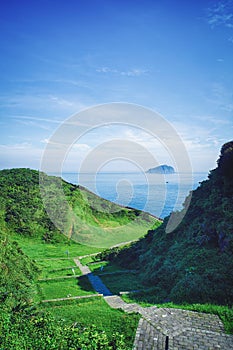 Hope Valley and Keelung Islet from Badouzi Coastal Park in Zhongzheng District, Keelung, Taiwan.