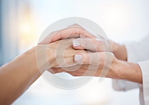 Hope, woman or nurse holding hands in hospital consulting for medical test news or results for sympathy support. Empathy