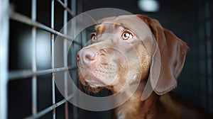 Hopeful brown dog gazes out from behind cage bars. Soft light highlights contemplative expression