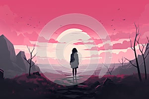 hopeful girl in pink landscape AI generated