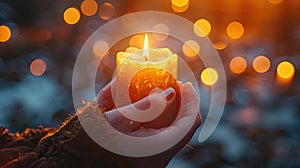 Hopeful Glow: Hands Holding Candle with Shining Flame and Defocused Lights