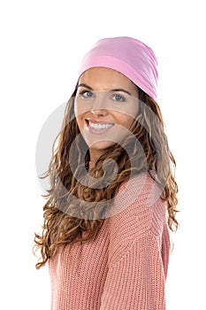 Hopeful woman with cancer wearing a thoughtful pink scarf