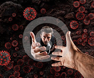 Hopeless businessman needs help because he is surrounded by viruses and bacteria. Concept of pandemic