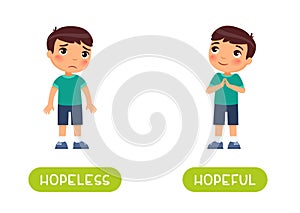 Hopeless and hopeful antonyms word card vector template. Opposites concept.