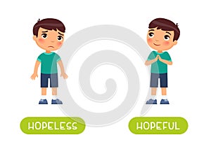 Hopeless and hopeful antonyms word card vector template. Opposites concept. photo