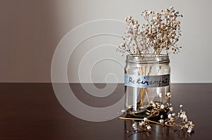 A retirement concept jar with coins and dried plant