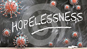 Hopelessness and covid virus - pandemic turmoil and Hopelessness pictured as corona viruses attacking a school blackboard with a