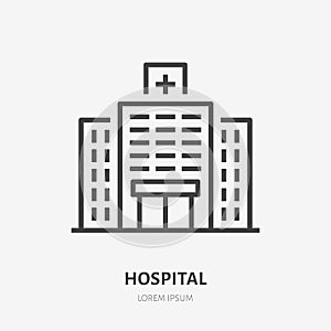 Hopital flat line icon. Vector thin sign of medical clinic, polyclinic logo. Health care building exterior illustration photo