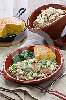 Hoppin john: black eyed pea and rice, cornbread and kale: southern food