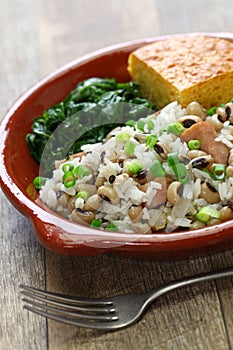 Hoppin john: black eyed pea and rice, cornbread and kale: southern food