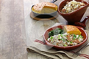 Hoppin john: black eyed pea and rice, cornbread and kale: southern food