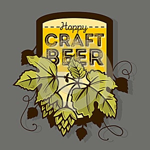 Hoppy Craft Beer Label With Leaves And Hops Illustration. Vector