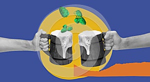 Hops. Human hands holding wooden vintage mugs with foamy beer. Cheerful meeting. Contemporary art collage.