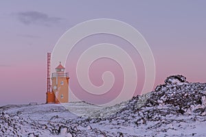 Hopsnes Lighthouse, on the Reykjanes Peninsula in Iceland at twilight