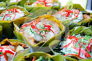 Hor mok, thai food, steamed fish curry custard photo