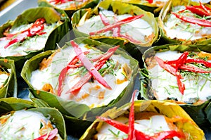 Hor mok, thai food, steamed fish curry custard photo