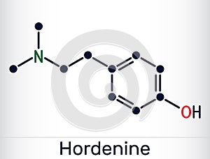 Hordenine, dimethyltyramine class, molecule. It is phenethylamine alkaloid, natural product. Skeletal chemical formula