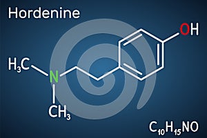 Hordenine, dimethyltyramine class, molecule. It is phenethylamine alkaloid, natural product. Structural chemical formula on the