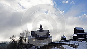 Hore stavkirke stave church in the snow near Vang in Norway