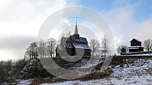 Hore stavkirke stave church in the snow near Vang in Norway