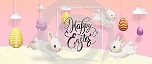 Horisontal Happy Easter banner template with eggs hanging on strings, cute white rabbits jumping around, square border